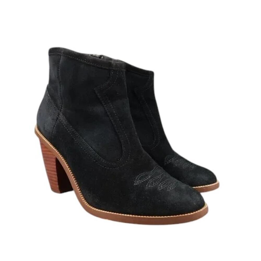 Hinge Shoes Womens 7.5 Booties Western Leather Black Stack Heel Embroidered Zip